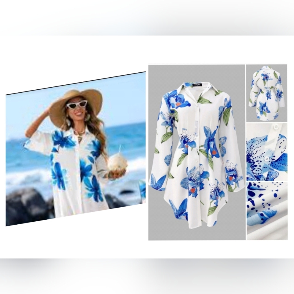 Chic Floral Long Sleeve Dress in Blue and White